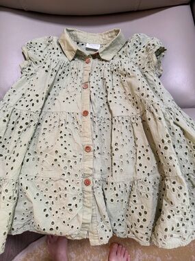 Happy Threads Lined Kids Eyelet Button-Front Dress Light Sage Green Size 4T GUC